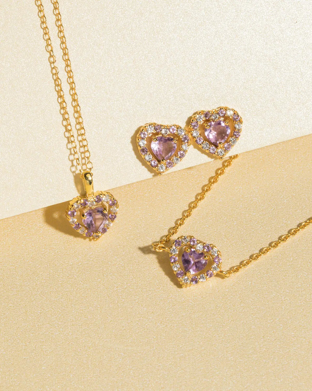 Purple Heart Lavender Amethyst 18k gold vermeil jewellery set with pendant, bracelet, and stud earrings