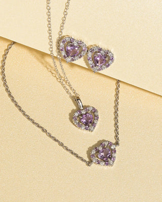 Purple heart lavender amethyst pendant necklace, bracelet, and stud earrings set in sterling silver with simulated diamonds