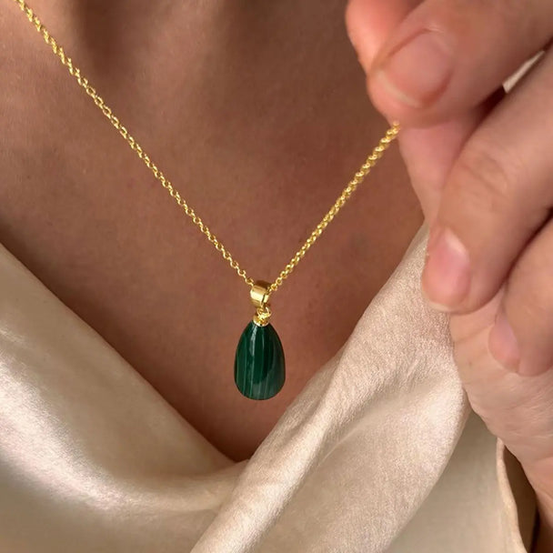 Hera Polished Stone Pendant Necklace with pear-shaped malachite on 22K gold brass chain
