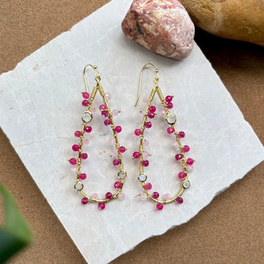 Hydra Large Teardrop Wire-Wrapped Gemstone Earrings with moonstone, rose quartz, pink jade, and pink tourmaline in 22K gold on recycled brass