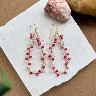 Hydra Large Teardrop Wire-Wrapped Gemstone Earrings with moonstone, rose quartz, pink jade, and pink tourmaline in 22K gold on recycled brass