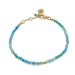 Milos Mixed Gemstone Beaded Bracelet with amazonite, copper turquoise, green jade, and 22K gold on recycled brass, adjustable length 18-20cm