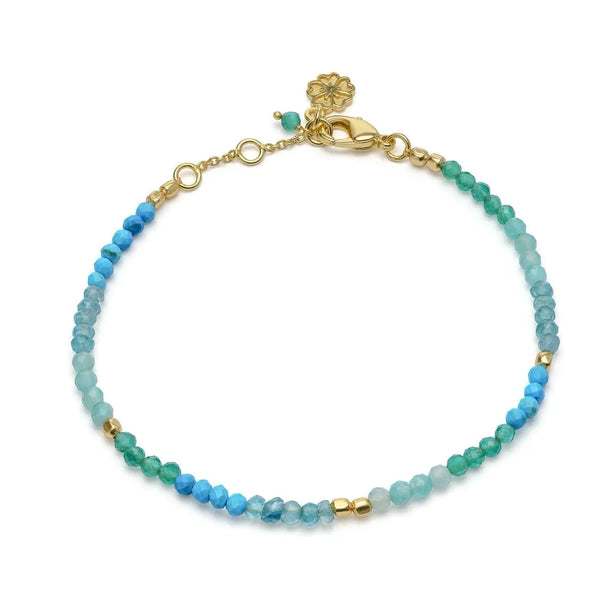 Milos Mixed Gemstone Beaded Bracelet with amazonite, copper turquoise, green jade, and 22K gold on recycled brass, adjustable length 18-20cm