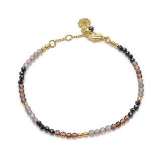 Milos Mixed Gemstone Beaded Bracelet with black onyx, smoky quartz, labradorite, and 22K gold on recycled brass, adjustable length 18-20cm