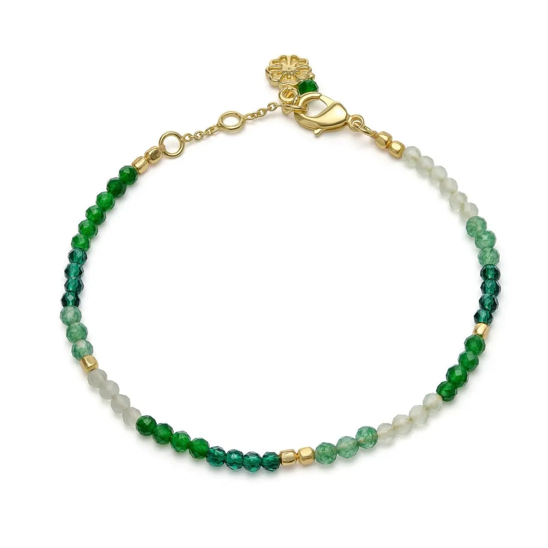 Milos Mixed Gemstone Beaded Bracelet with Prehnite, Moss Agate & Green Aventurine beads, 22K gold on recycled brass, adjustable 18-20cm length