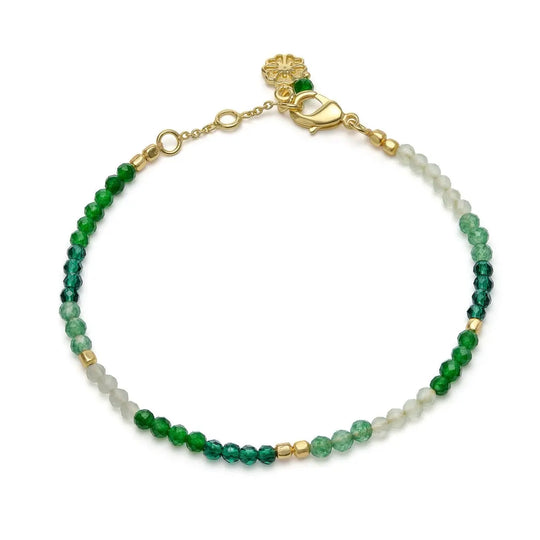 Milos Mixed Gemstone Beaded Bracelet with Prehnite, Moss Agate & Green Aventurine beads, 22K gold on recycled brass, adjustable 18-20cm length