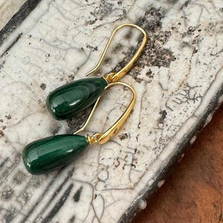 Hera polished stone drop earrings with pear-shaped malachite and 22k gold hooks
