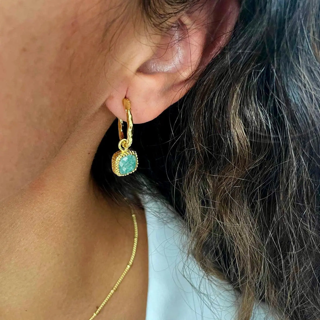 Tetra Square Gemstone gold hoop earrings with amazonite charm on ear