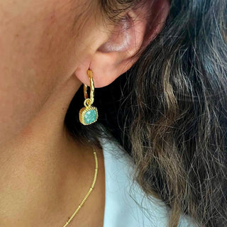 Tetra Square Gemstone gold hoop earrings with amazonite charm on ear