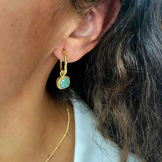 Tetra Square Gemstone gold hoop earrings with amazonite charm on ear