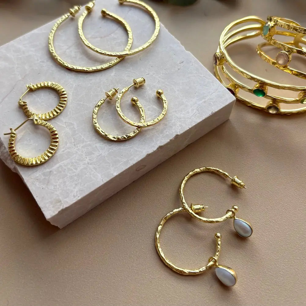 Hydra Gold and Pearl Hoops textured 22k gold hoops with natural pearl drops handcrafted jewelry