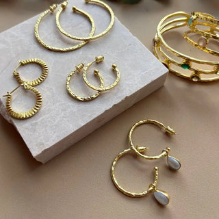 Hydra Gold and Pearl Hoops textured 22k gold hoops with natural pearl drops handcrafted jewelry