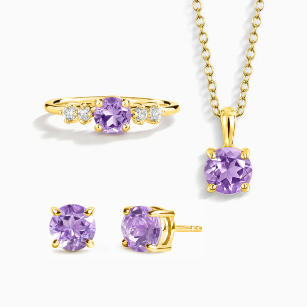 Lavender amethyst jewelry gift set with necklace, ring, and stud earrings in 18k gold vermeil