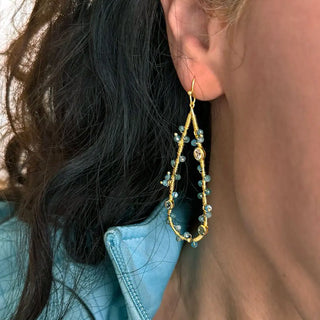 Hydra Large Teardrop Wire-Wrapped Gemstone Earrings with moonstone, rose quartz, pink jade, and pink tourmaline in 22K gold on recycled brass