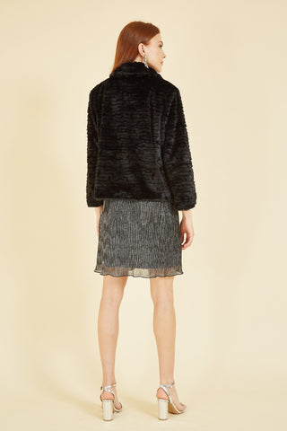 Yumi Black Faux Fur short jacket back view on model