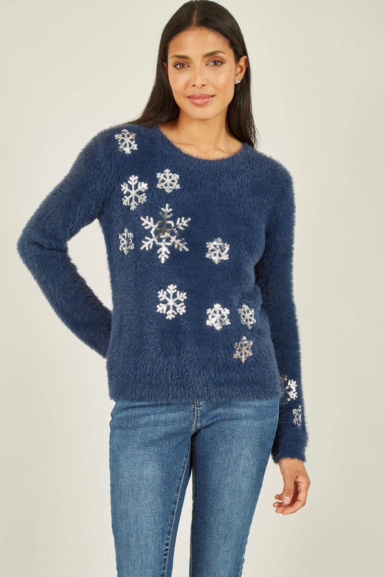 Navy sequin snowflake fluffy jumper sweater with silver embellishments worn by model