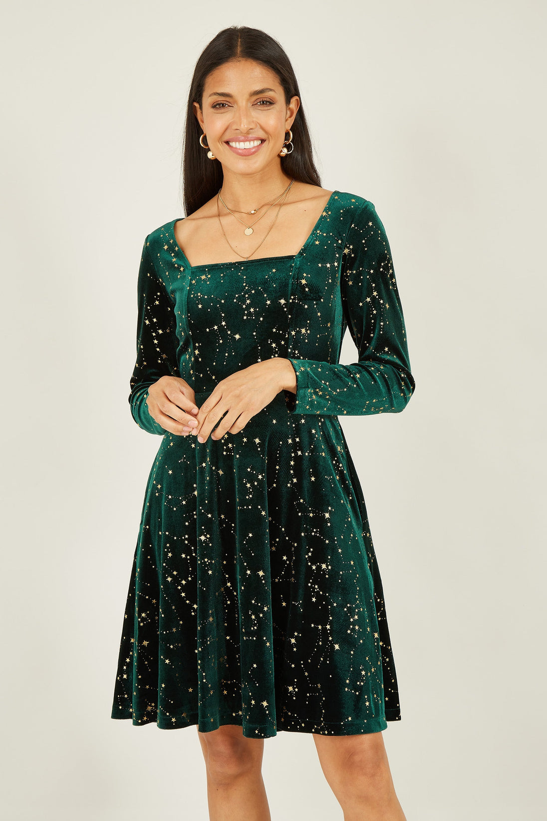 Green Star Foil Print Long Sleeve Skater Dress - Ezeyor