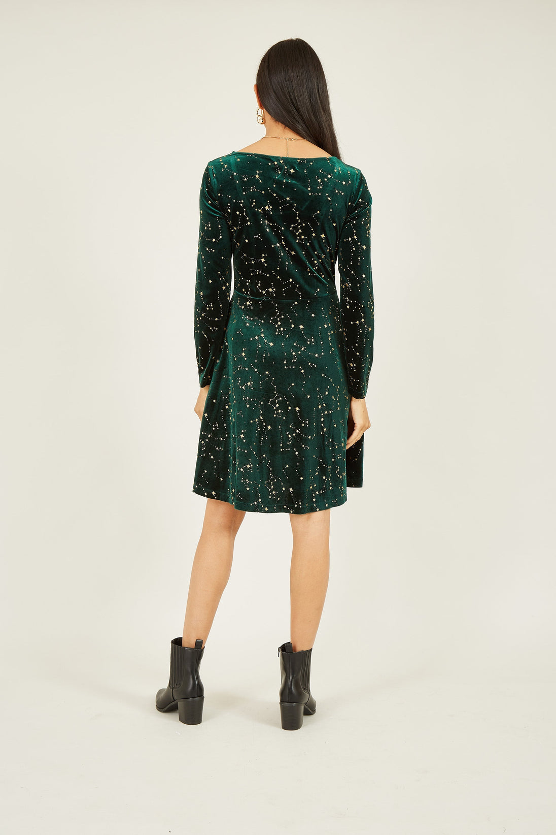 Green Star Foil Print Long Sleeve Skater Dress - Ezeyor
