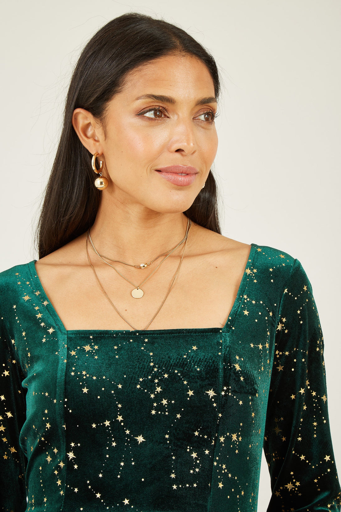 Green Star Foil Print Long Sleeve Skater Dress - Ezeyor