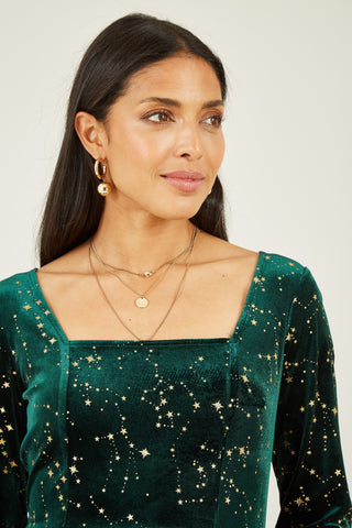 Green Star Foil Print Long Sleeve Skater Dress - Ezeyor