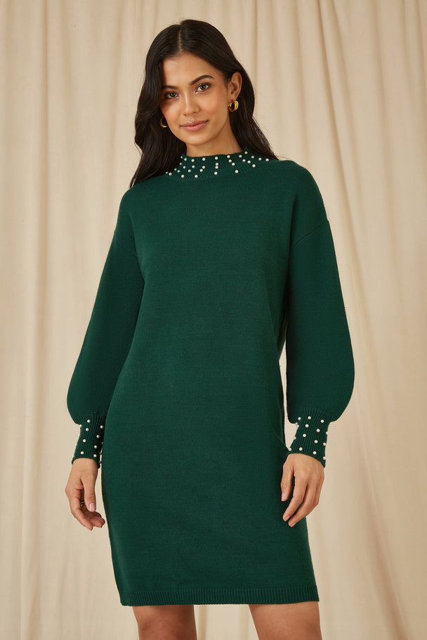 Green Detail Knitted Relaxed Jumper Dress Yumi