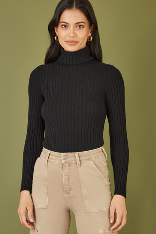 Black Ribbed Knit Roll Neck Jumper Yumi