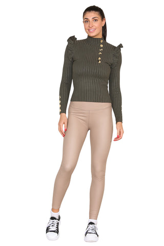 Ribbed Knit Gold Button Detail Jumper with Frill Ezeyor