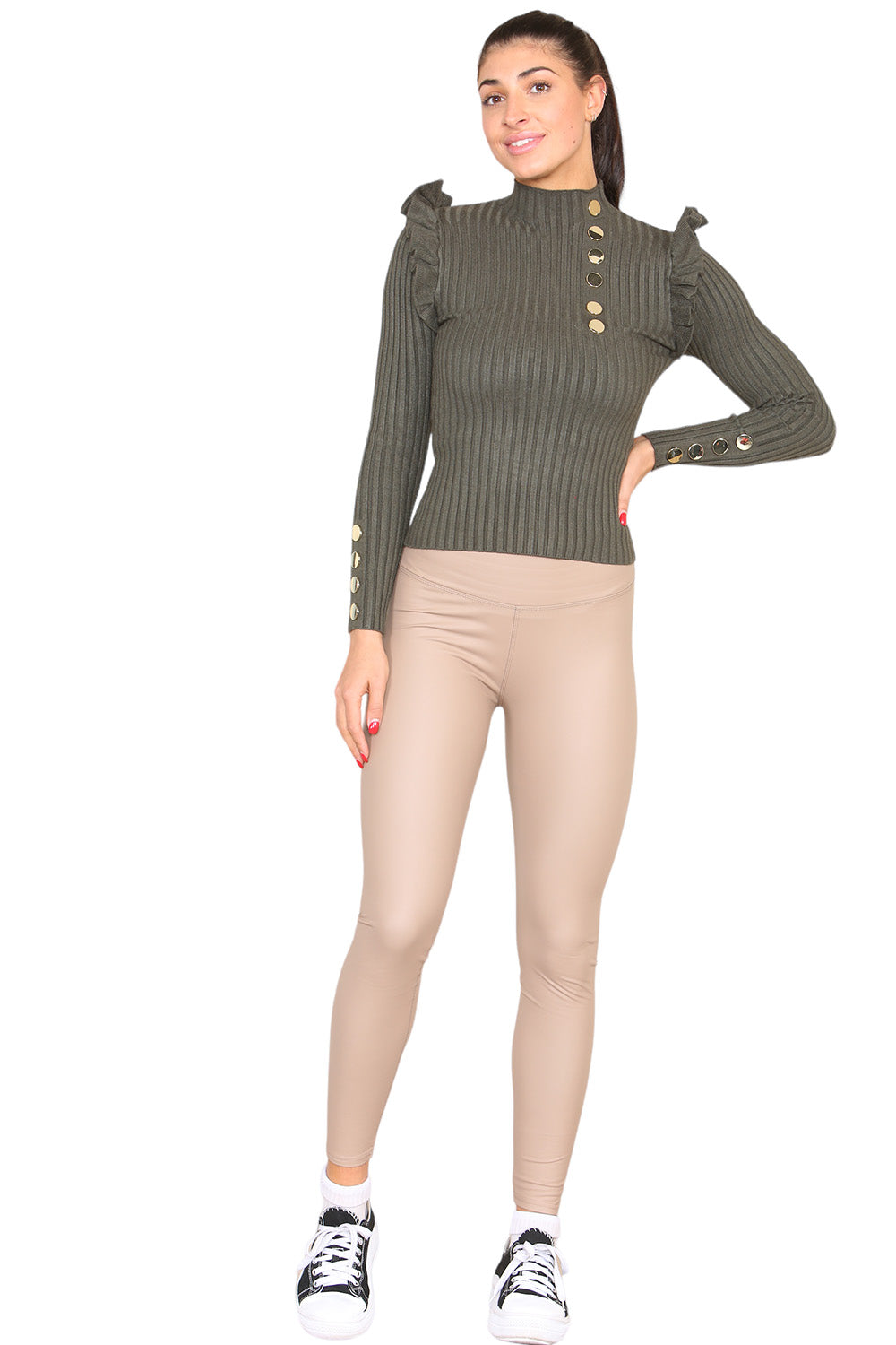 Ribbed Knit Gold Button Detail Jumper with Frill Ezeyor