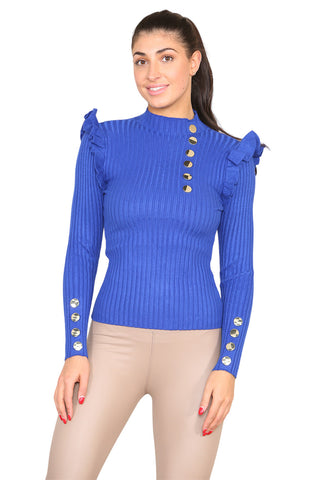 Ribbed Knit Gold Button Detail Jumper with Frill Ezeyor