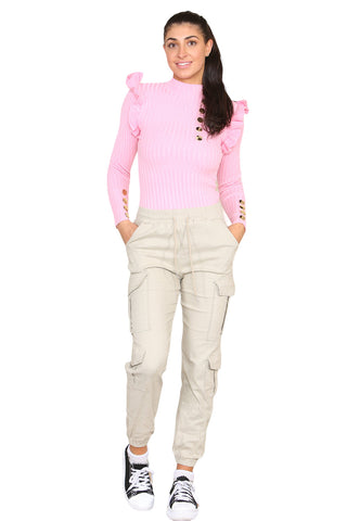 Ribbed Knit Gold Button Detail Jumper with Frill Ezeyor