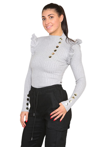 Ribbed Knit Gold Button Detail Jumper with Frill Ezeyor