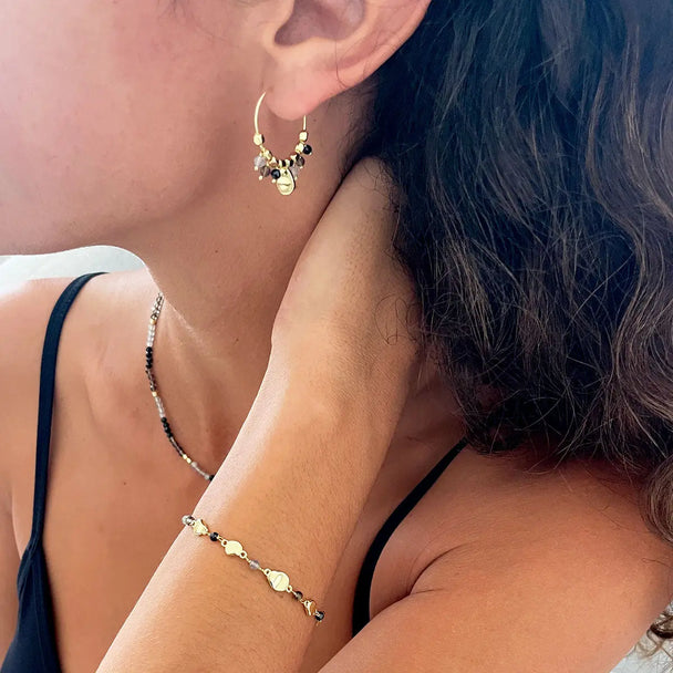 Sofia Nugget Bracelet with green hydro, green jade, prehnite, aventurine gemstones and 22K gold nuggets on adjustable gold-plated recycled brass chain.