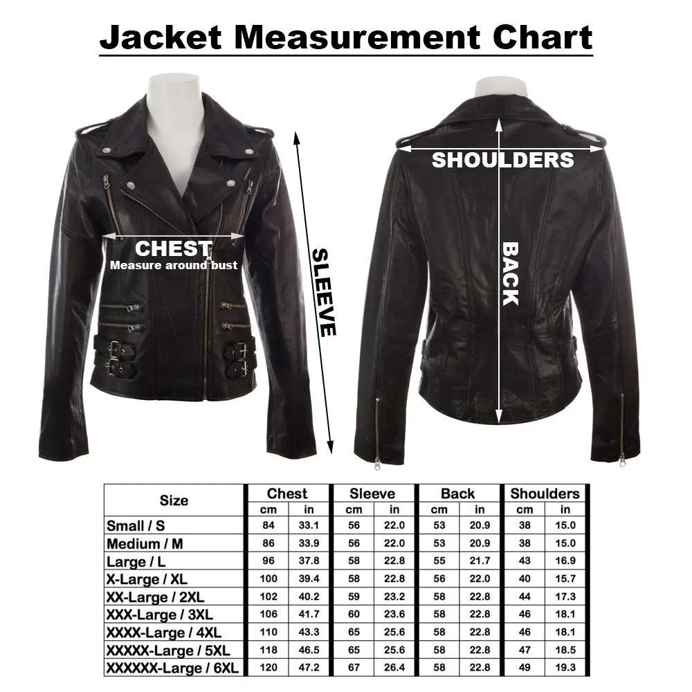 Black women's biker jacket made of genuine sheep nappa leather with asymmetric zip, multiple zip pockets, epaulettes, and studded collar lapels.