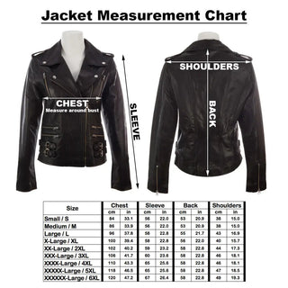 Black women's biker jacket made of genuine sheep nappa leather with asymmetric zip, multiple zip pockets, epaulettes, and studded collar lapels.