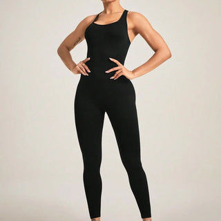 Black seamless camisole jumpsuit with high elasticity and sleeveless slim strap design