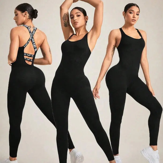 Black seamless camisole jumpsuit with high elasticity and slim straps, modeled front and back views.