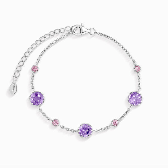 Pink sapphire and lavender amethyst bracelet in sterling silver with adjustable chain and petal prong settings