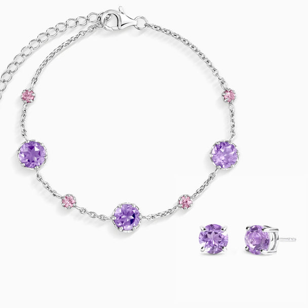 Sterling silver bracelet and stud earrings set with pink sapphires and lavender amethysts in round cut