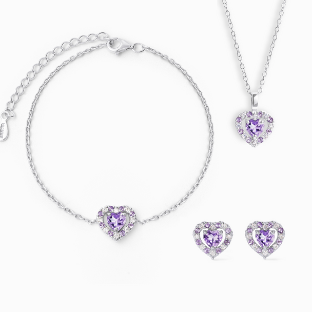 Purple heart lavender amethyst sterling silver jewelry set with pendant, bracelet, and stud earrings