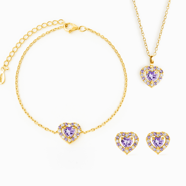 Purple heart lavender amethyst jewellery set with pendant, bracelet, and stud earrings in 18k gold vermeil