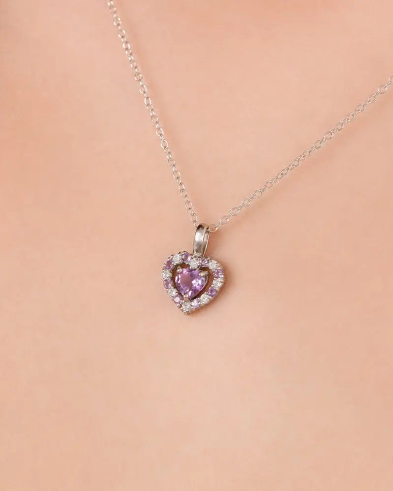 Sterling silver necklace with purple heart lavender amethyst pendant and simulated diamonds