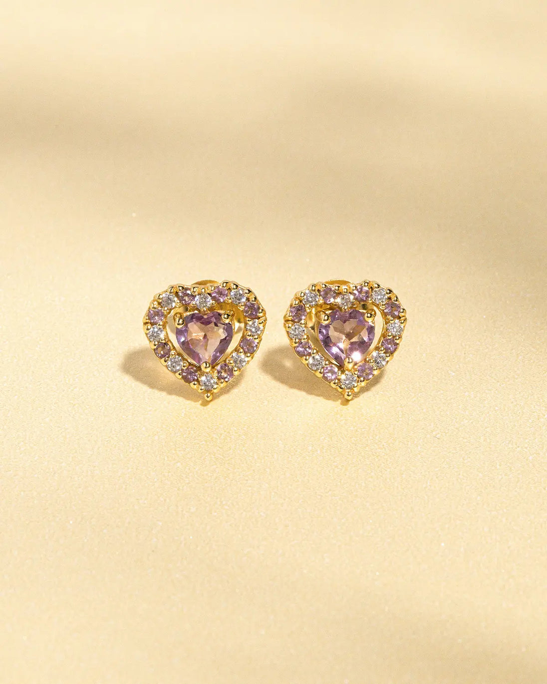 Purple heart lavender amethyst stud earrings in 18k gold vermeil with simulated diamonds