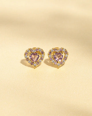Purple heart lavender amethyst stud earrings in 18k gold vermeil with simulated diamonds