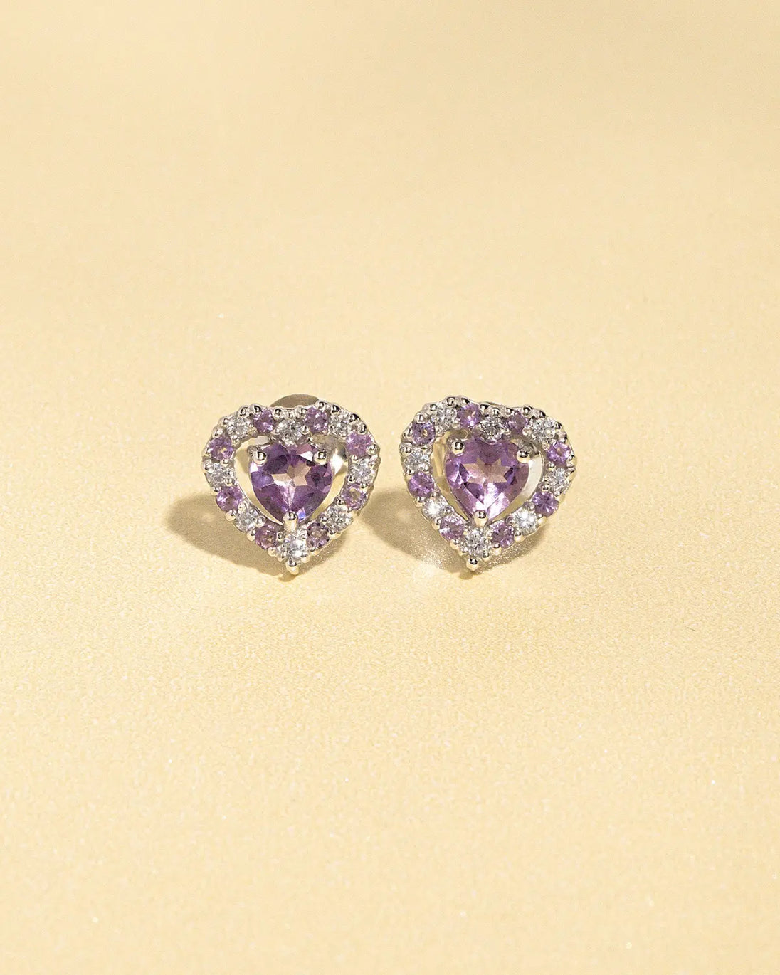 Purple Heart Lavender Amethyst stud earrings with sterling silver and simulated diamonds