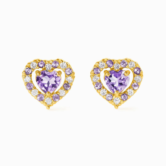 Purple Heart Lavender Amethyst stud earrings with heart-shaped amethyst and simulated diamonds in 18k gold vermeil