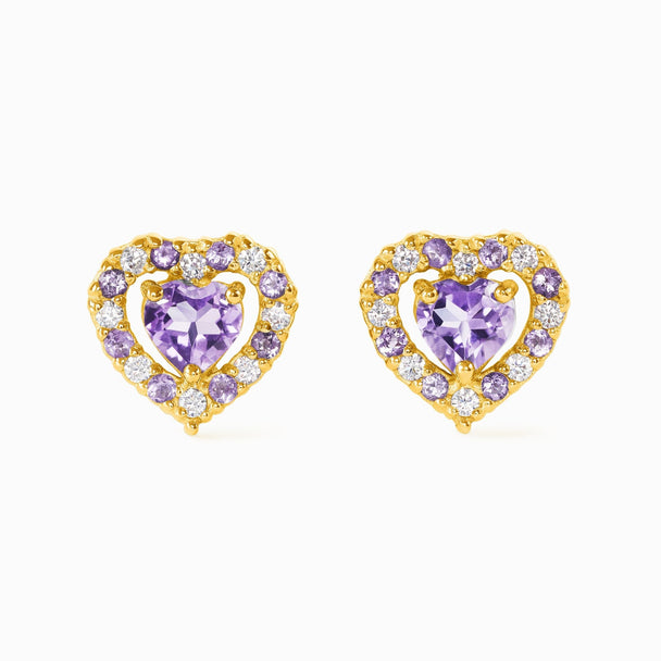 Purple Heart Lavender Amethyst stud earrings with heart-shaped amethyst and simulated diamonds in 18k gold vermeil