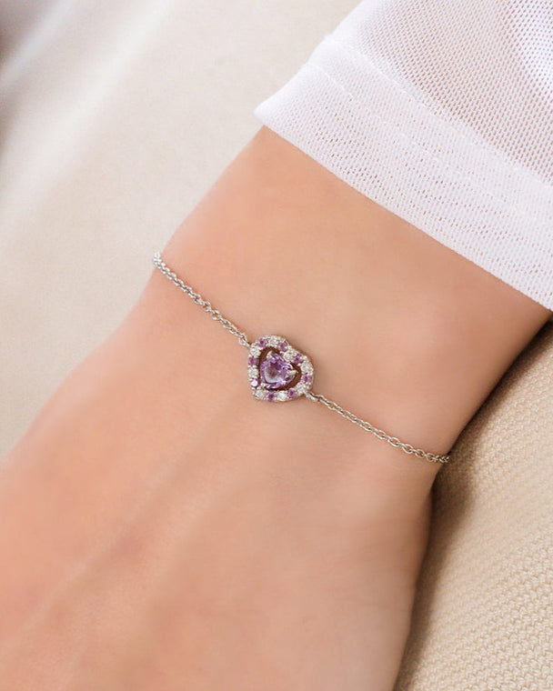 Purple Heart Lavender Amethyst Bracelet in sterling silver with heart-shaped lavender amethyst and simulated diamonds on adjustable chain