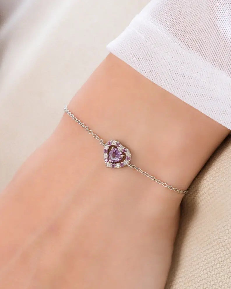 Purple heart lavender amethyst sterling silver bracelet with simulated diamonds
