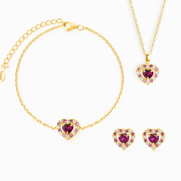 Red heart rhodolite garnet jewellery set with 18k gold vermeil necklace, bracelet, and earrings featuring pink rhodolites and simulated diamonds