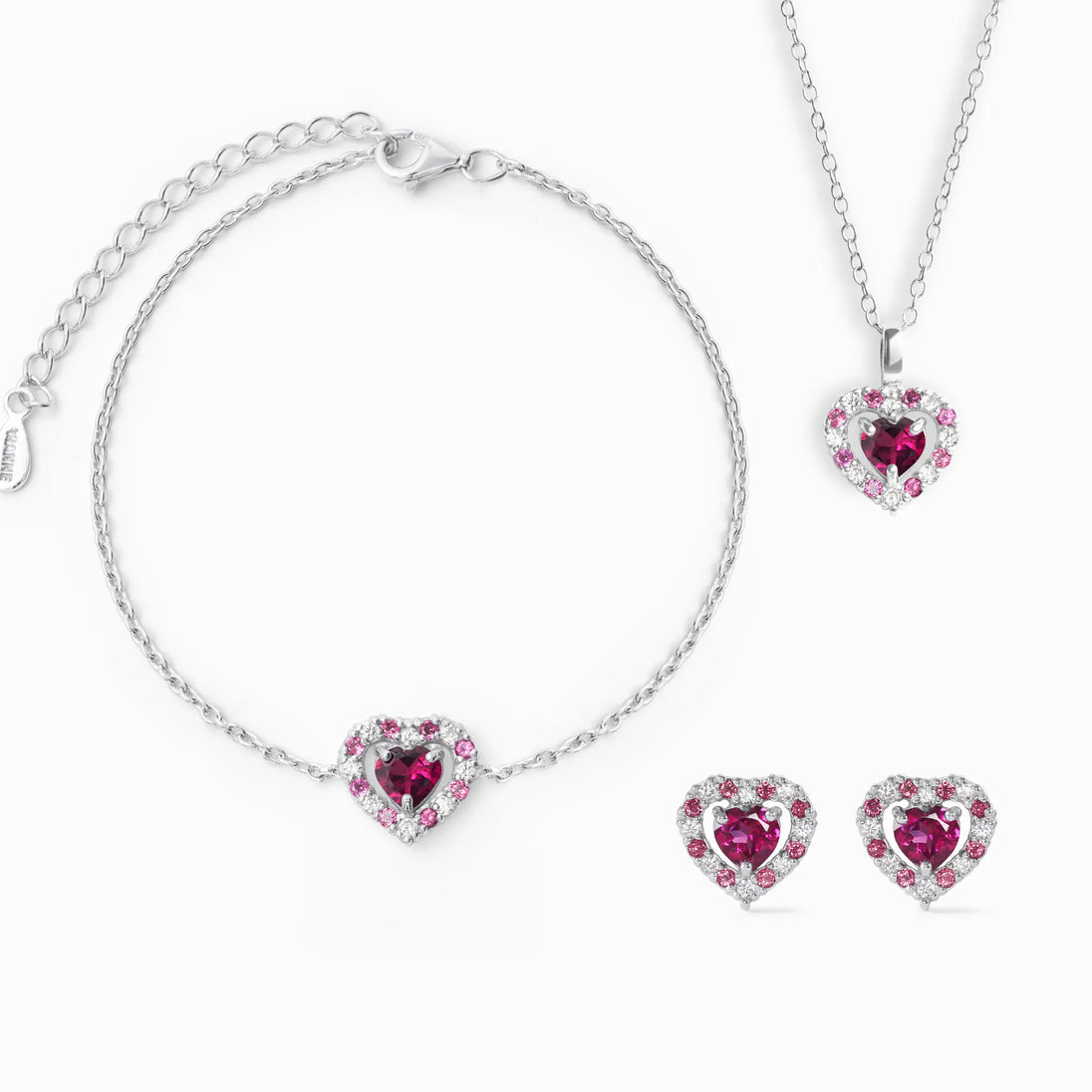 Red Heart Rhodolite Garnet sterling silver necklace bracelet and stud earrings set with pink rhodolites and simulated diamonds